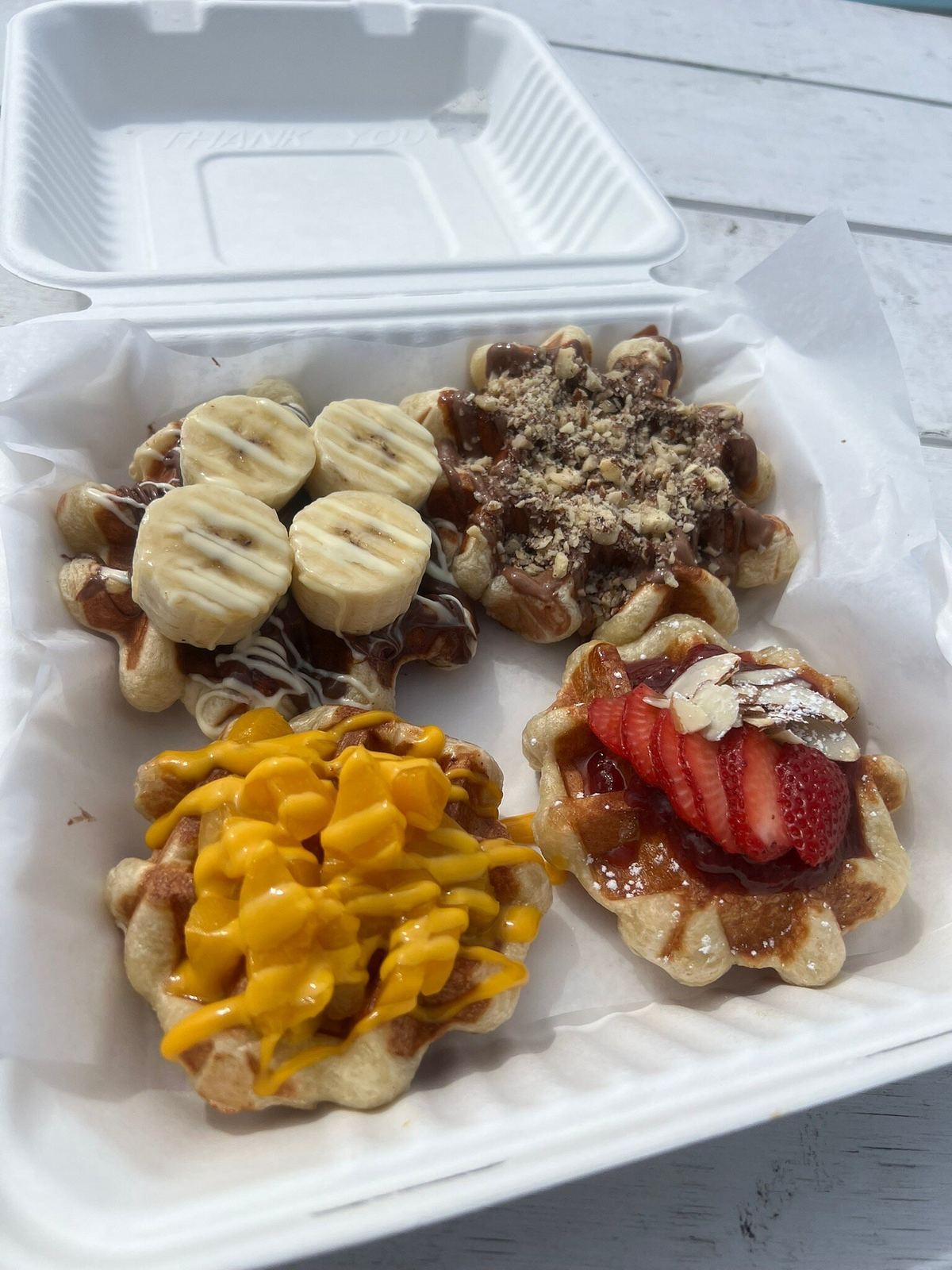 Mini Liege waffles to go with banana, mango and strawberry toppings